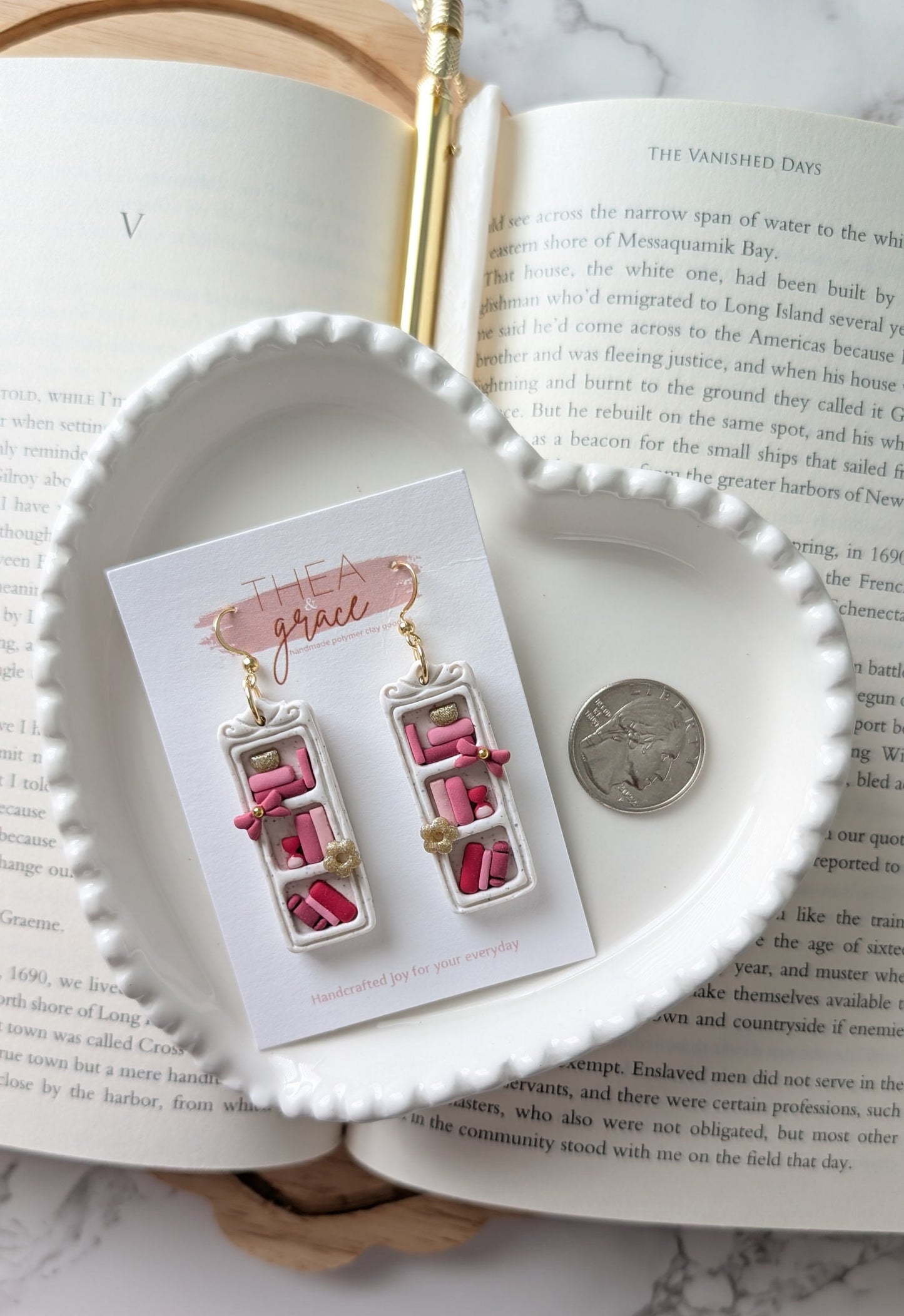 SPECKLED WHITE SHELF & PINK BOOKS DANGLES